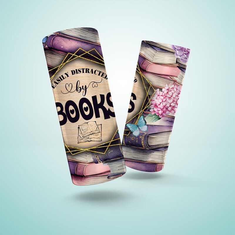 Easily Destracted By Books 20 Oz Skinny Tumbler, Design Reading Floral Seamless