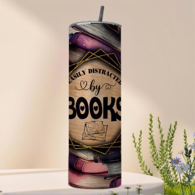 Easily Destracted By Books 20 Oz Skinny Tumbler, Design Reading Floral Seamless