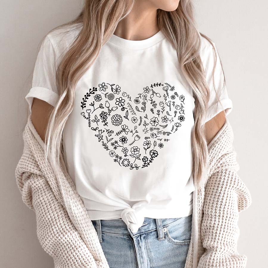 Flower Heart T-shirt Love Shirt Botanical Design Floral 