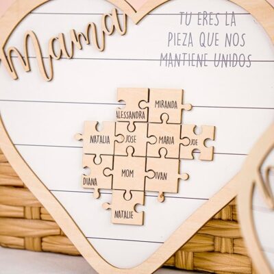 Personalized Family Name Puzzle Piece with Names Wood Mica Sign