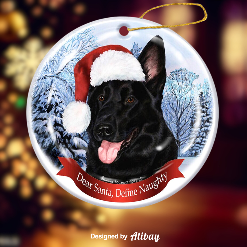 Dog with Santa Hat Porcelain Christmas Ornament | German Shepherd Ornament