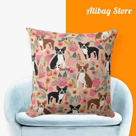 Personalized Boston Terrier Pillow | Cute Florals Design