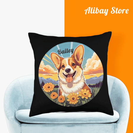 Personalized Corgi Pillow | Cute Puppy in Spring Flowers