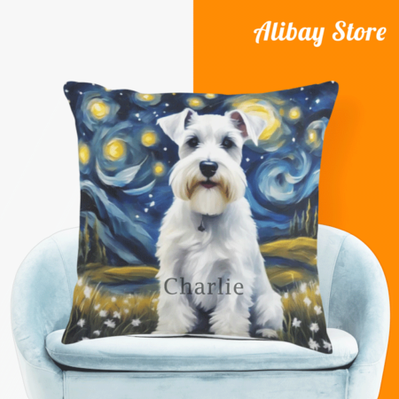 Starry Night with White Mini Schnauzer Pillow